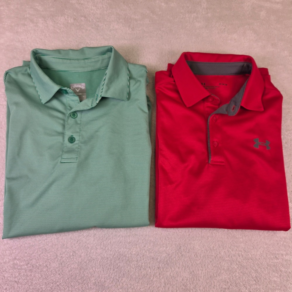 Mens Callaway and Under Armour Polo Shirt Bundle Green Stripe Red Size Medium
